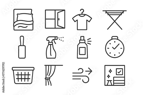 Housekeeping Icon Set. Housekeeping Airing. Line icon set of Housekeeping Airing: airing bedding, window open, clothes on hanger, drying rack, lint brush,
