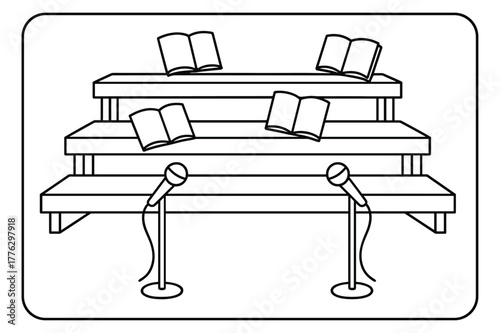 Children's Choir Coloring Page. Choir risers setup children?s coloring book illustration, outlined drawing, three rows of empty risers with a few music folders