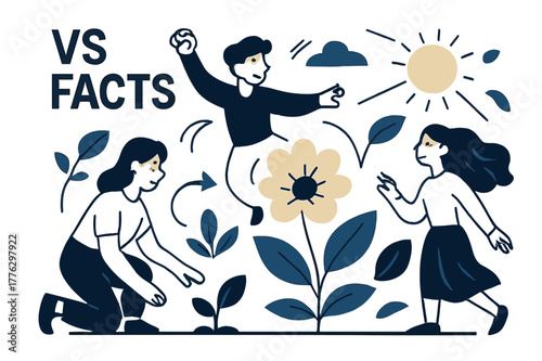 Dynamic Botanical Growth. VS FACTS. Growing plants, blooming flowers, sunshine rays, gentle breeze. Seeds sprouting, petals unfolding, leaves dancing. Modern