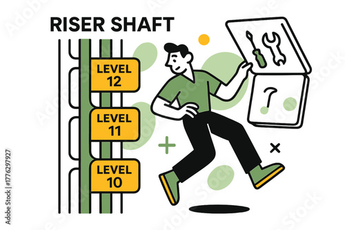 Riser Shaft Diagram. Riser Shaft Diagram. Vertical ducts climb past floors like subway lines; each level glows with a small ?Level / / ? marker. A maintenance