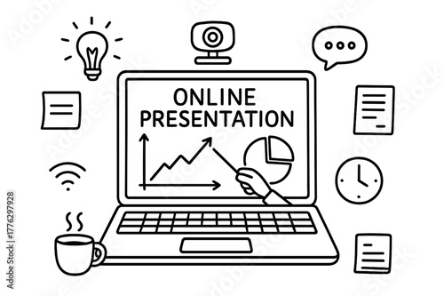 Online Presentation Doodles. Online presentation. Hand-drawn doodle illustration online presentation screen, pointer, graph, chart, laptop, webcam, notes,