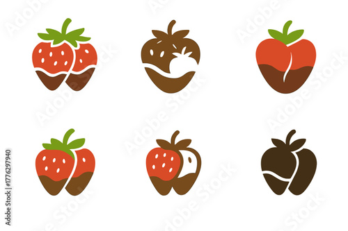 Strawberry Logo Variations. Romantic candlelit dinners. Set Logo of chocolate strawberries: dipped strawberry duo. Icon set. harmonious logo variations of the
