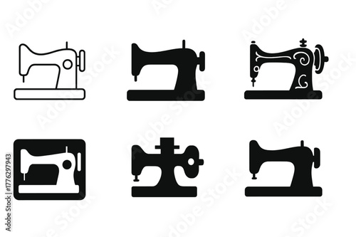 Sewing Machine Logos. Sewing and quilting projects. Set Logo of Sewing and quilting projects: classic sewing machine profile. Icon set. harmonious logo