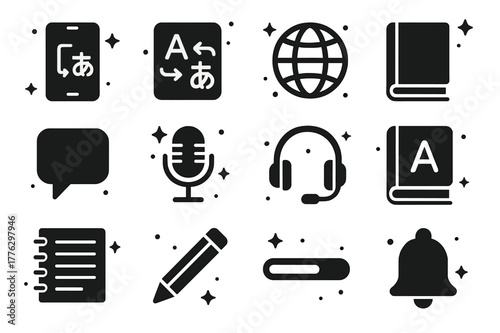 Digital Language Icons. Digital Language Learning. Solid icons set of Digital Language Learning: smartphone, app interface, globe, book, chat bubble,