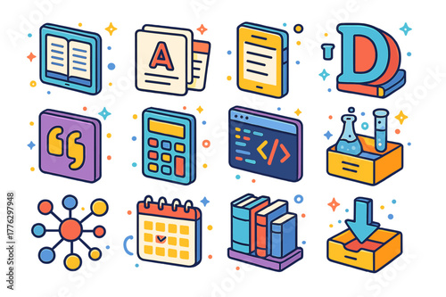Colorful Educational Icons. Educational tools and resources. Colorful isometric vector icons set of educational tools and resources: digital
