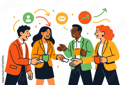 Business Networking Vibes. Post-event networking. Attendees chatting over coffee and exchanging business cards