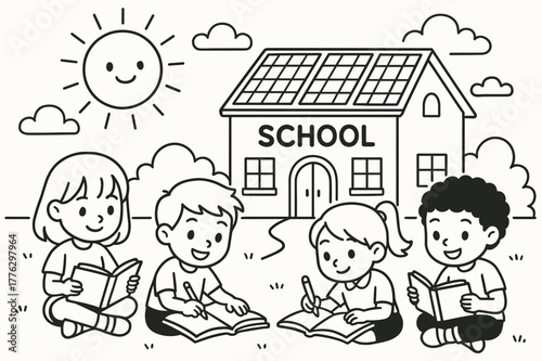 Solar-Powered School Scene. Solar-powered school children?s coloring book illustration, outlined drawing, a school building with rooftop panels and children