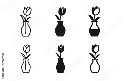 Modern Vase Logos. tabletop flower vase. Set Logo of tabletop flower vase: modern glass vase with single tulip. Icon set. harmonious logo variations of the
