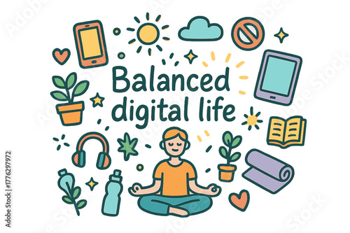 Balanced Digital Life. Balanced digital life. Hand-drawn doodle illustration of balanced digital life.