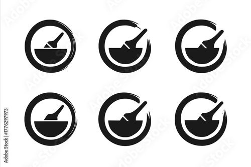 Abstract Hair Dye Bowl. Bowl with hair dye. Set Logo of circular brush stroke forming bowl rim: Abstract geometric, Iconic shape, Flat solid, Minimal outline,