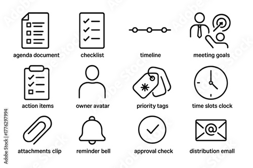 Agenda Planning Icons. Agenda Planning. Line icon set of Agenda Planning: agenda document, checklist, timeline, meeting goals, action items, owner avatar,