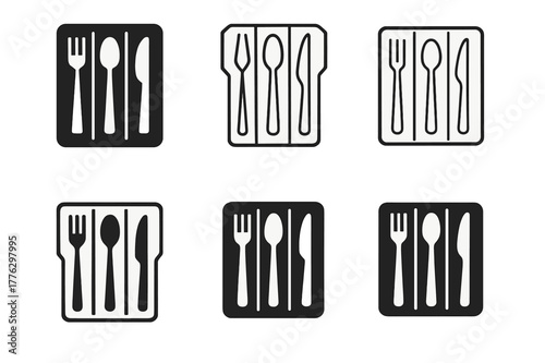 Organized Kitchen Icons. Using drawer organizers for kitchen gadgets. Set Logo of Using drawer organizers for kitchen gadgets: top-down view of an organized