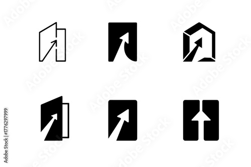 Opportunity Emblem Logos. Creating opportunities. Set Logo of Creating opportunities: open doorway with rising arrow. harmonious logo variations of the same