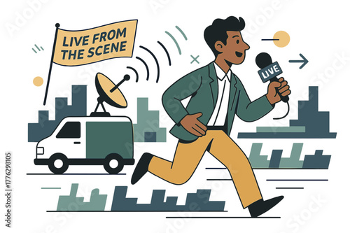 Dynamic City Report. Remote field report. A reporter holds a portable mic as signal waves leap from a tiny van; ?Live from the scene? flags flutter. City
