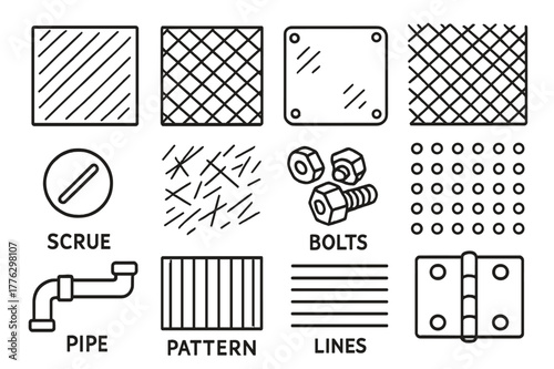Metal Textures Illustration. Metal textures. Hand-drawn doodle illustration metal textures brushed steel, grid plate, rivets, mesh, screw head, scratched