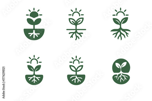 Plant Food Icon Set. How plants make their food. Icon set. Set Logo of how plants make their food: plant with sunlight and roots. harmonious logo variations of