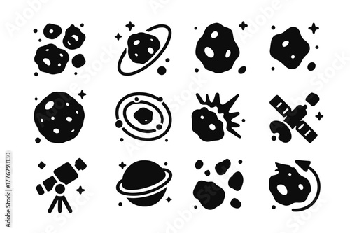 Asteroid Icons Collection. Asteroids and space rocks. Solid icons set of Asteroids and space rocks: asteroid cluster, orbit line, cratered rock,