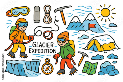 Glacier Expedition Adventure. Glacier expedition. Colorful Hand-drawn doodle Children illustration Glacier expedition climbers, rope, ice axe, crampons, frozen