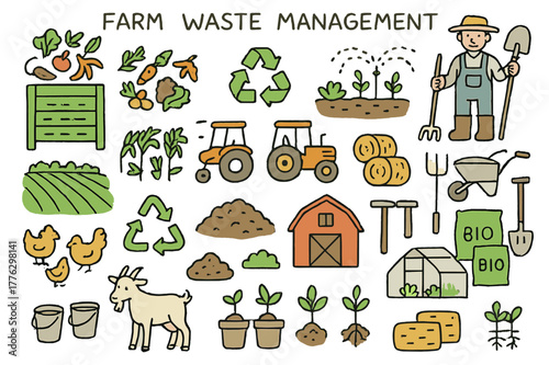 Farm Waste Recycling. Farm waste management. Hand-drawn doodle illustration compost bin (colored), farm field (colored), crop residues (colored), tractor