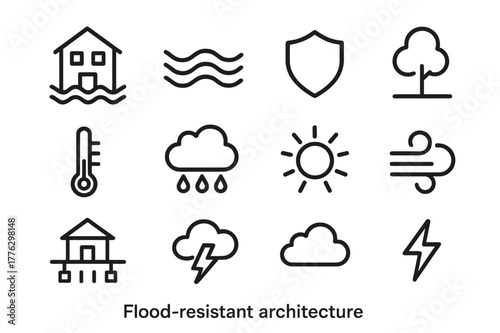 Flood-Resistant Architecture Icons. Flood-resistant architecture. Line outline icon set of flood-resistant