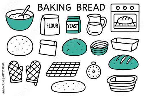 Baking Bread Doodles. // Baking bread. Hand-drawn doodle illustration Baking bread [mixing bowl (accented), flour bag, yeast packet (accented), water jug,