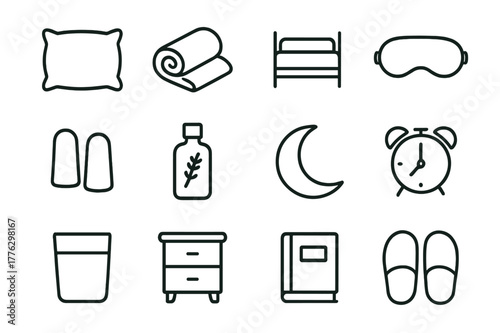 Sleep Icon Essentials. Sleep Essentials. Line icon set of Sleep Essentials: pillow, blanket, bed, sleep mask, earplugs, lavender bottle, moon, alarm clock,