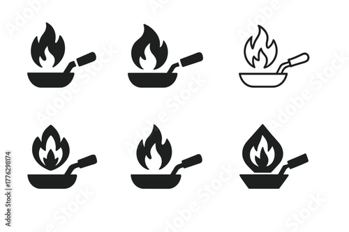 Chef's Flame Icons. A chef flambeing a dish with a burst of flames in a pan. Set Logo of kitchen torch: handheld torch igniting pan rim. Icon set. harmonious