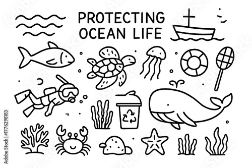 Protecting Ocean Doodle. Protecting Ocean Life. Hand-drawn doodle illustration Protecting Ocean Life fish, dolphin, turtle, whale, coral reef, crab, starfish,