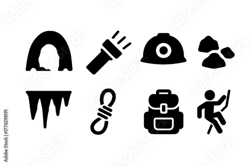 Cave Exploration Icons. Cave exploration. Filled icon set of cave exploration: cave entrance, torchlight,