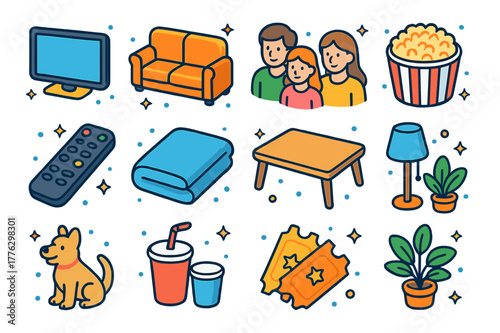 Family Leisure Icons. Family leisure. Colorful isometric vector icons set of family leisure: TV, sofa, family members, popcorn bowl, remote control, blanket,