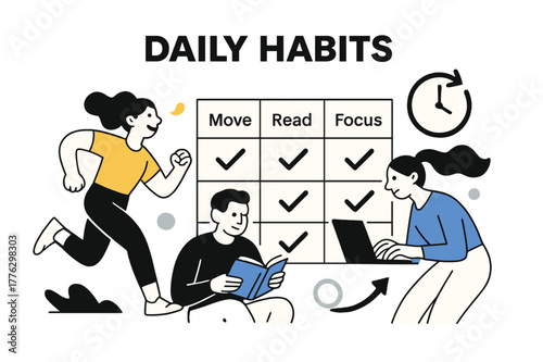 Daily Habit Tracker. Vision Board ? Daily Habits. A neat habit grid with checkmarks gliding across; labels ?Move, Read, Focus?. A minimal clock and arrow loop
