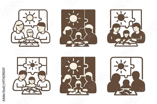 Puzzle Logo Variations. A family putting together a puzzle on a cozy afternoon. Set Logo of a family putting together a puzzle on a cozy afternoon: afternoon