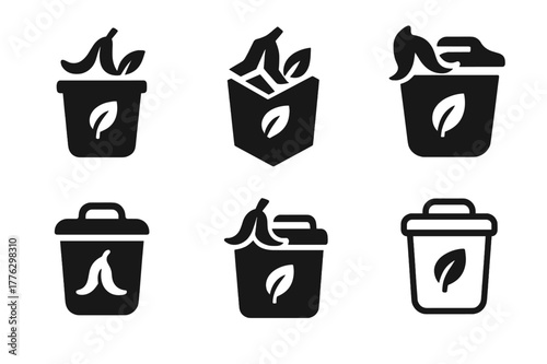 Compost Logo Variations. Composting and waste reduction methods. Set Logo of composting and waste reduction methods: organic waste sorting bins. Icon set.