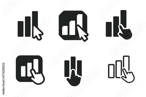 Poll Logo Variations. Poll and survey. Set Logo of Poll and survey: bar chart with tap cursor. harmonious logo variations of the same emblematic concept, each
