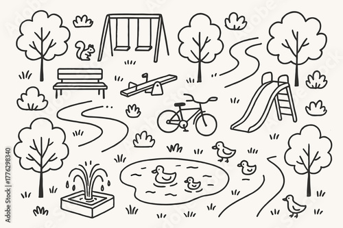 Vibrant Park Life. Park. Hand-drawn doodle illustration Park trees, benches, swings, slides, seesaws, playgrounds, walking trails, bicycles, birds, squirrels,