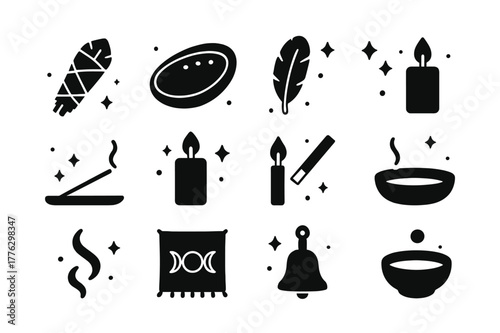 Sage Ritual Icons. Sage smudging and rituals. Solid icons set of Sage smudging and rituals: smudge stick, abalone shell, feather fan, charcoal disk, incense
