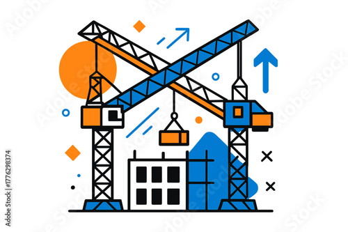 Cranes in Motion. Cranes in motion. Two crane arms intersect diagonally above a building framework, geometric