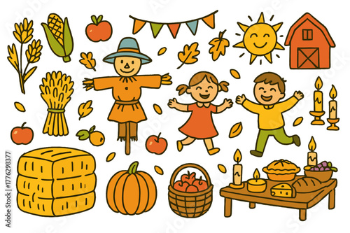 Colorful Harvest Festival Scene. Harvest festival. Colorful Hand-drawn doodle Children illustration Harvest festival wheat sheaves, corn, pumpkin, baskets, hay