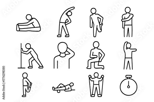 Stretching Icon Set. Stretching. Line icon set of Stretching: seated hamstring stretch, standing side bend, quad stretch, shoulder stretch, calf stretch, neck