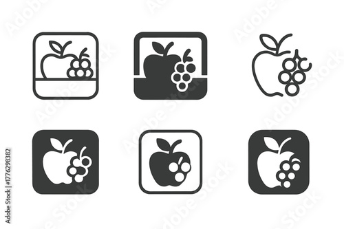 Fruit Box Logos. Packing lunch. Set Logo of Packing lunch: Fruit box with apple and grapes. Icon set. harmonious logo variations of the same emblematic