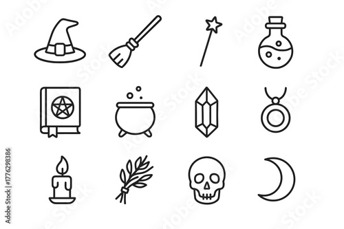 Witch Accessories Icons. Witch?s accessories. Line icon set of witch accessories: hat, broomstick, wand, potion, spellbook, cauldron, crystal, amulet, candle,