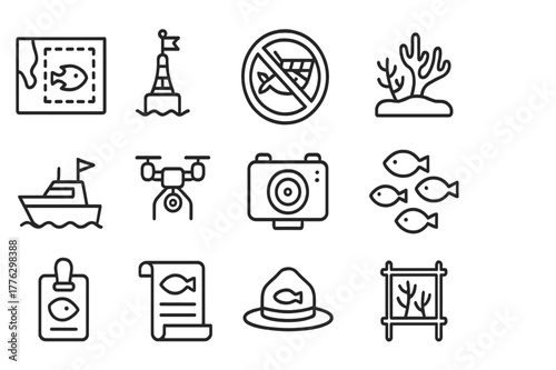 Marine Protection Icons. Marine Protected Areas. Line icon set of Marine Protected Areas: protected zone map, boundary buoy, no trawl sign, reef icon, patrol