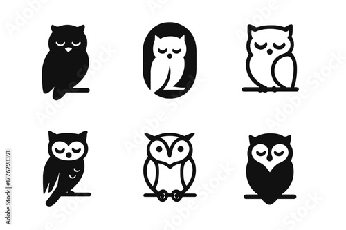 Sleeping Owl Logos. Animal sleep. Set Logo of sleeping owl: owl perched with closed eyes. Icon set. harmonious logo variations of the same emblematic concept,