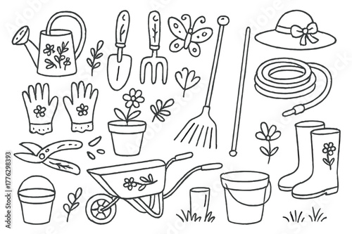 Decorative Gardening Tools. Using decorative gardening tools for outdoor plant care. Hand-drawn doodle illustration decorative gardening tools watering can,