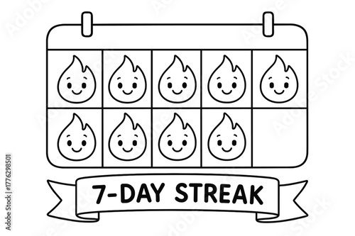 Children's Streak Tracker. Daily streak tracker children?s coloring book illustration, outlined drawing, a simple calendar row with smiling flame icons filling