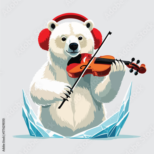 a polar bear wearing earmuffs playing a violin