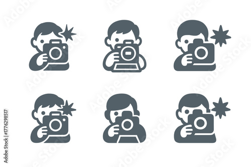 Camera Logo Variations. Holding a camera. Set Logo of Holding a camera: child holding instant camera with flash. Icon set. harmonious logo variations of the