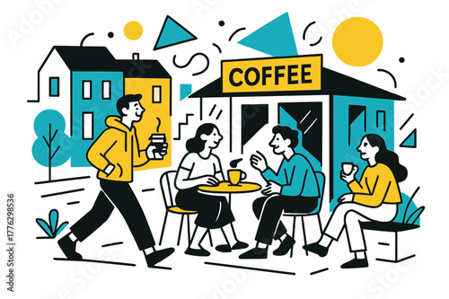 Trendy Coffee Transformation. Gentrification Processes. People enjoying a trendy coffee shop in a renovated neighborhood with floating abstract geometric