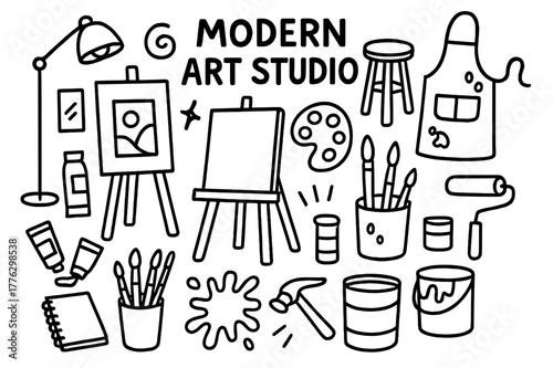 Art Studio Doodle Icons. Modern art studio. Hand-drawn doodle illustration modern art studio easel, paint tubes, palette, brushes, stool, apron, splatter,