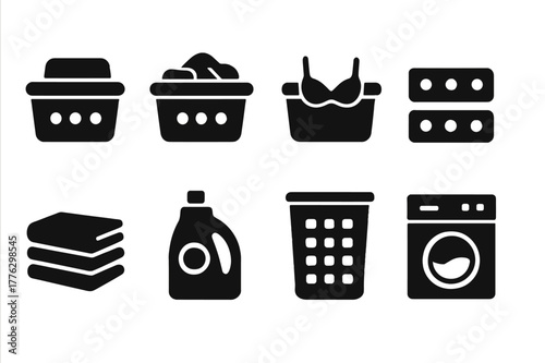 Laundry Basket Icons. Organizing laundry baskets by type. Filled icon set of organizing laundry baskets by